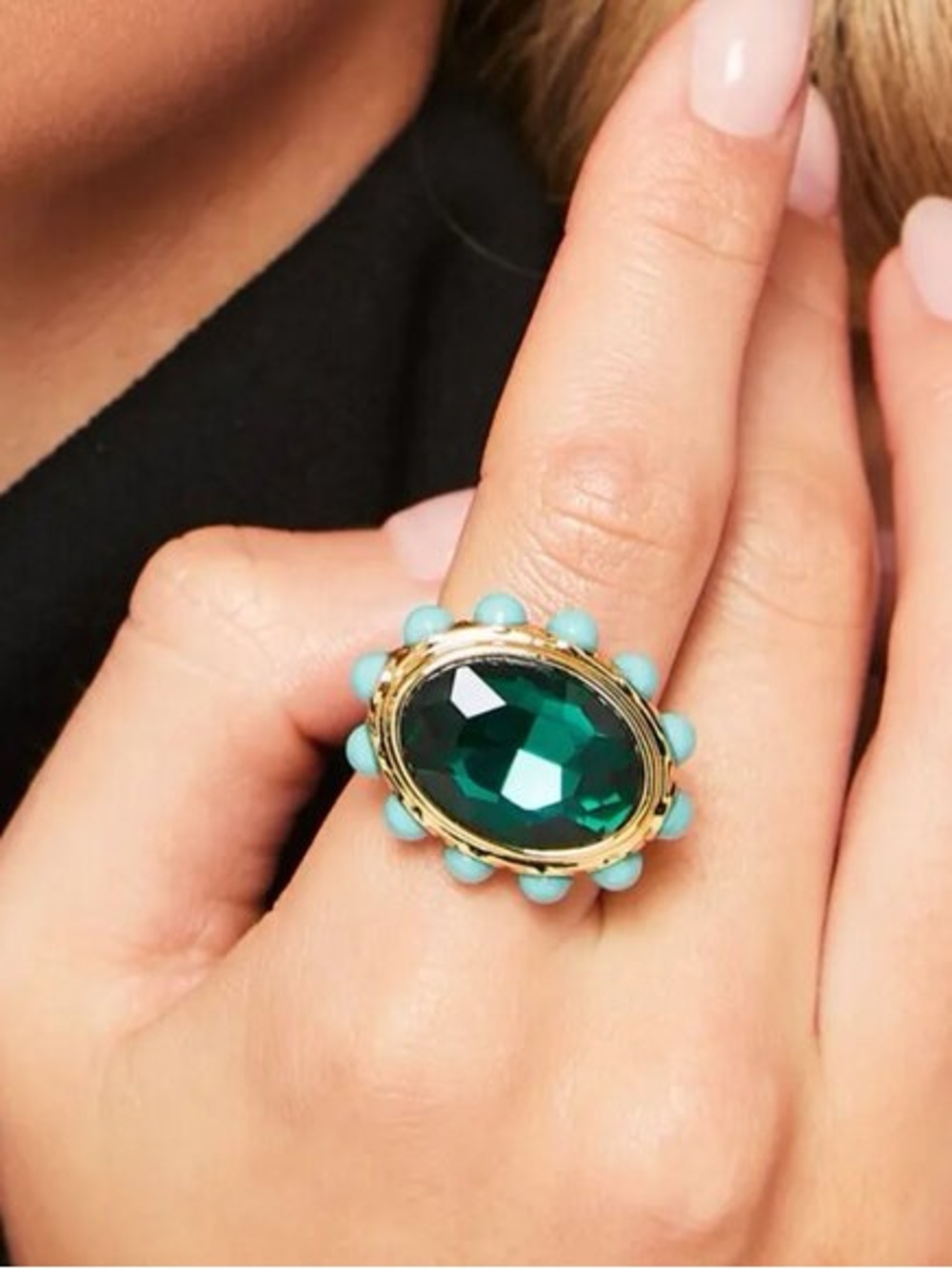 Kurt Geiger Gold Ring with Emerald Green Center and Turquoise Accents